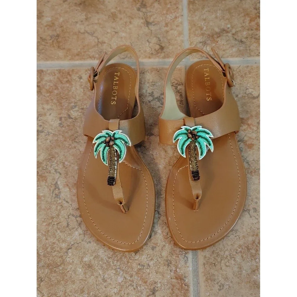 NWT Talbots Keri Nappa Leather Thong Sandals with Beaded Green Palm Tree Size 6